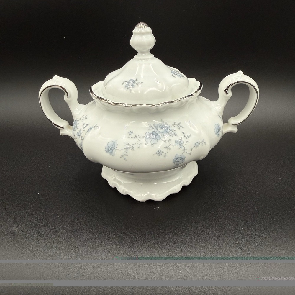 Johann Haviland Bavaria Germany Blue Garland Double Handle Sugar Bowl w/Lid EUC